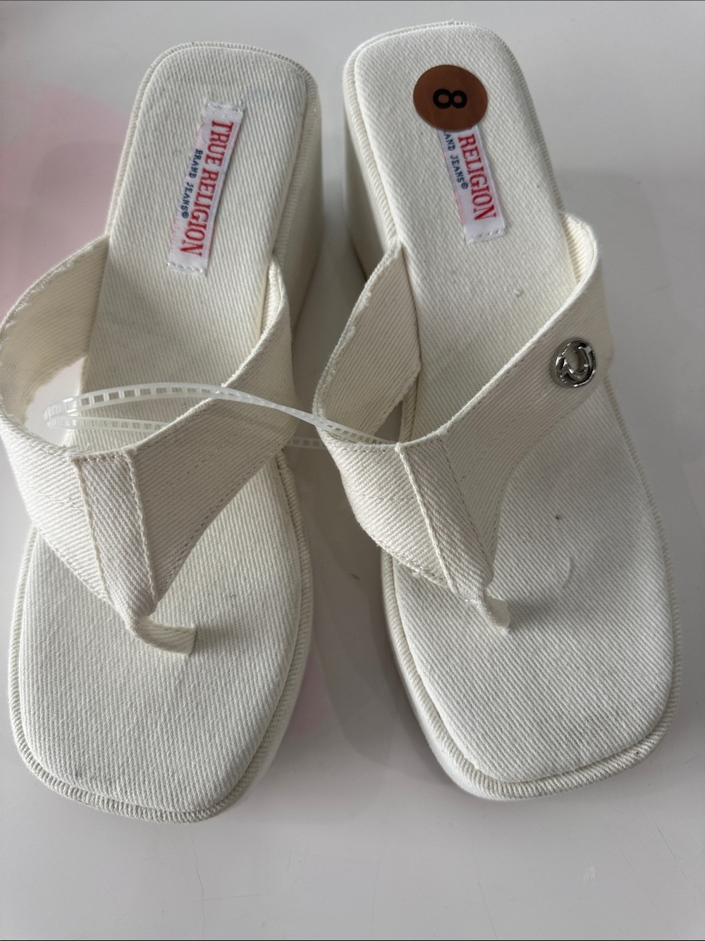 True Religion White Canvas Square-Toe Thong Sandals